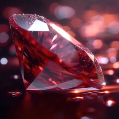 The image showcases a beautifully cut diamond with multiple facets that glitter in the ambient light, lying on a reflective surface. Tiny beads of water are delicately positioned on the diamond's surf