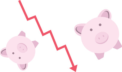 Piggy bank and red arrow going down, Financial decline and savings, Investment Wealth loss, Downturn and economic setback concept,
