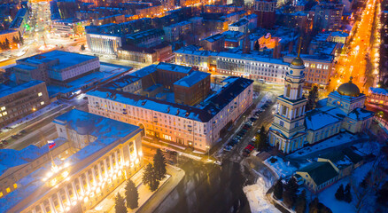 View from drone of illuminated Cathedral of Nativity of Christ on main square in Russian city of...