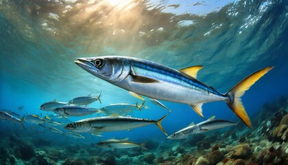 flock of mackerel fish in blue ocean water