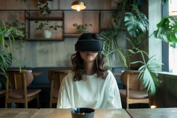A woman in a chic white blouse is lost in a virtual reality experience at a stylish café surrounded by lush plants.