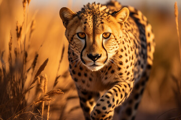 Majestic cheetah prowls through grass during the golden hour, its intense gaze fixed forward, embodying the wild untamed beauty