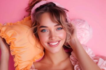 Naklejka premium A radiant woman exudes confidence and grace as she rests upon a delicate pink backdrop, her captivating smile and flawless skin captured in a stunning indoor photo shoot