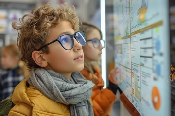 A young boy's gaze is fixated on the screen before him, his glasses reflecting the vibrant colors as he sits indoors, surrounded by a woman and a toddler, all dressed in stylish clothing