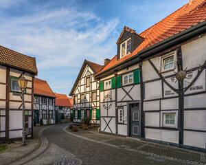 Typical medieval old town with half-timbered houses in Altesdorf Westerholt in Germany