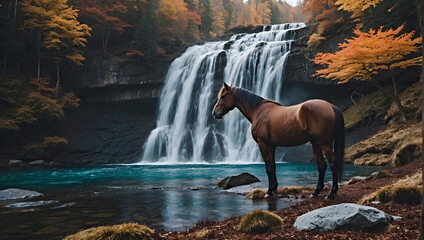 A beautiful, stately horse near a waterfall. An animal against the backdrop of a wonderful landscape.