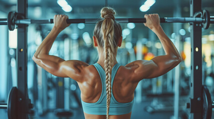 A woman lifting weights in a modern gym, depicting determination and strength, suitable for fitness and health themes.