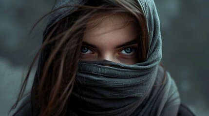 Hiding behind a mask, a young woman in a dark hoodie hides her face with a mask, self-identification problems and impostor syndrome. Portrait in the studio on a dark gray background