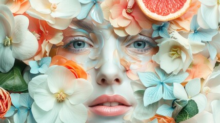 Womans Face Surrounded by Flowers and Fruit, beauty mask symbol concept
