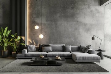 Interior of modern living room with stylish carpet and grey sofa