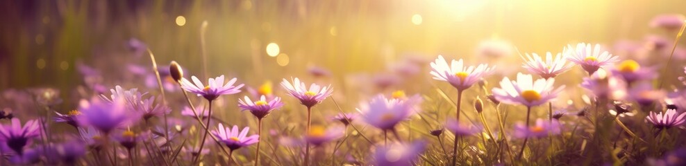 colorful flowers on the meadow with sun rays. blurred flowers on a sunny day