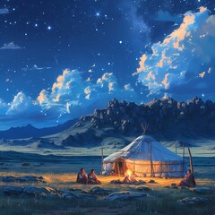 Starlit Night at a Traditional Yurt Encampment in a Serene Landscape - obrazy, fototapety, plakaty