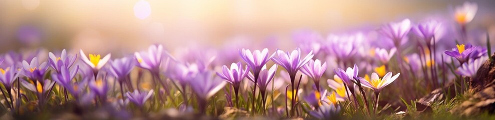 colorful flowers on the meadow with sun rays. blurred flowers on a sunny day