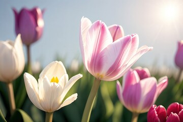 Naklejka premium Spring background with field of tulips and sunshine.