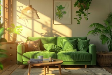 Living room interior with green sofa and coffee table with sunlight. Place for relax at cozy home.