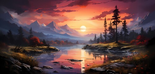 A vibrant sunset over a serene lake with the silhouette of mountains in the distance - obrazy, fototapety, plakaty