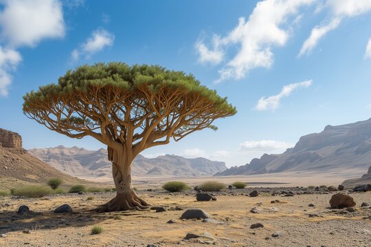 Dragon blood tree Socotra in front of desert background.