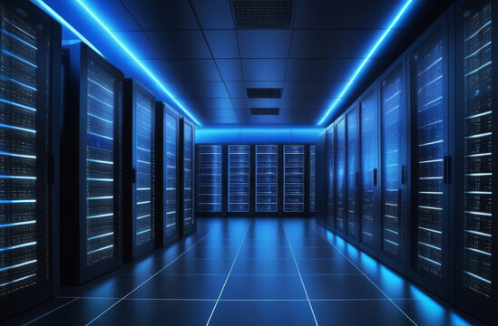 Data Center Full of Rack Servers and Supercomputers with High Internet Visualisation Projection. Big data dark server room with bright blue light