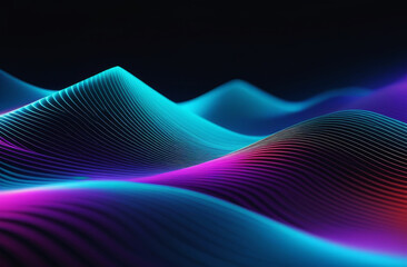 Abstract technology wave of particles background. Big data visualization. Dark digital background with neon light lines. Artificial intelligence.