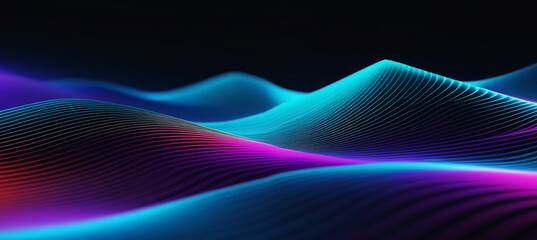 Abstract technology wave of particles background. Big data visualization. Dark digital background with neon light lines. Banner Artificial intelligence. 