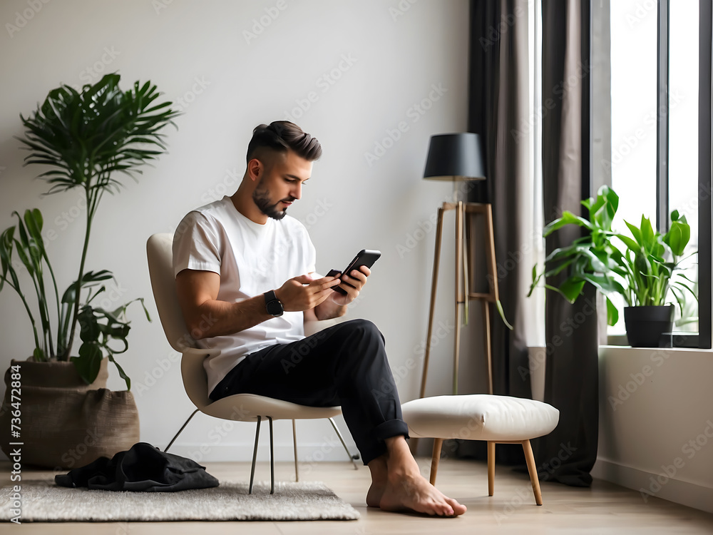 Poster man using smartphone blank screen frameless modern design while sitting on the chair in home interio