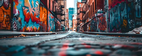 Naklejka premium Vibrant graffiti adorns walls of a bustling urban alleyway scene. Concept Urban Art, Graffiti Alley, Street Photography, Colorful Cityscape, Vibrant Urban Scenes