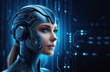 Artificial intelligence robot woman. AI Modern female futuristic cyborg robot illustration. Space for text