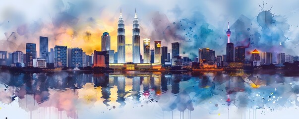 Fototapeta premium A vibrant watercolor painting showcasing Kuala Lumpur Malaysias stunning cityscape. Concept Kuala Lumpur Cityscape, Watercolor Painting, Vibrant Colors, Stunning Landmarks, Malaysia