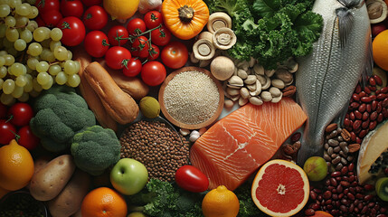 Healthy food in the form of vegetables and fruits, meat and fish, health concept