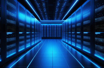 Data Center Full of Rack Servers and Supercomputers with High Internet Visualisation Projection. Big data dark server room with bright blue light