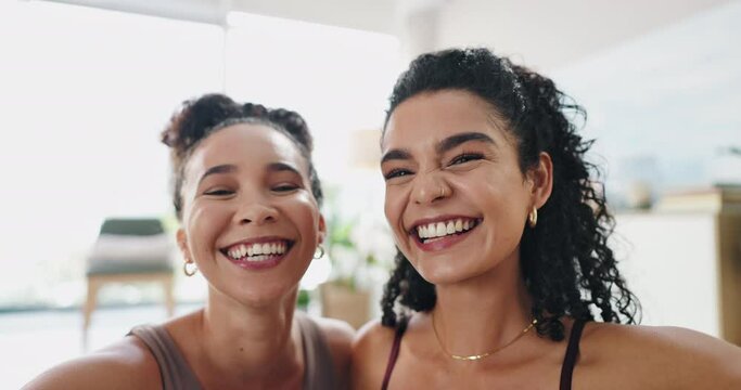Workout, women and face with flexing and laugh for strong muscle and funny joke with empowerment. Happy, girl friends and exercise in a lounge with portrait of fitness and training with smile in home