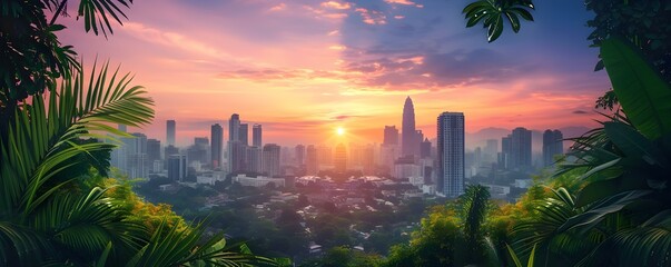 Vibrant cityscape framed by lush greenery and colorful sunset sky backdrop. Concept Nature-inspired urban landscaping, Skyline adorned with vibrant hues, Burst of colors at sunset cityscape