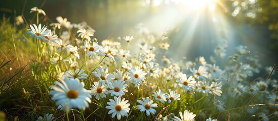 White flowers are blooming beautifully, with glimpses of yellow petals amidst the stunning scenery, abundant greenery, and a radiant sun overhead. - obrazy, fototapety, plakaty