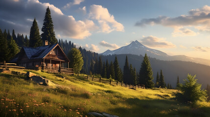 Fototapeta na wymiar A cabin in a mountain landscape,, Tranquil scene of rustic cottage in meado 