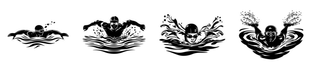 swimming man collection logos - obrazy, fototapety, plakaty