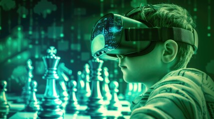In this image, a young child is shown from the side wearing a bulky virtual reality headset, deeply engaged in an interactive game of chess that seems to be part of a futuristic, neon-lit digital worl