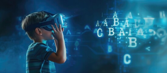 A young boy wearing a virtual reality headset stands mesmerized with visualizations of glowing letters and digital elements surrounding him, suggesting an educational or gaming virtual environment tha