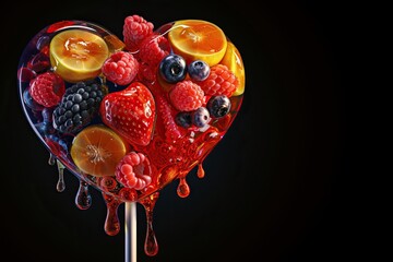 The image showcases a glossy, heart-shaped lollipop artfully decorated with a variety of realistic-looking, vibrant fruits such as oranges, strawberries, blueberries, raspberries, and blackberries. Th - Powered by Adobe
