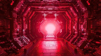 The image depicts a symmetrical, elongated corridor bathed in a crimson hue, creating an intense and mysterious atmosphere. The walls are lined with intricate, mechanical details, suggesting advanced 