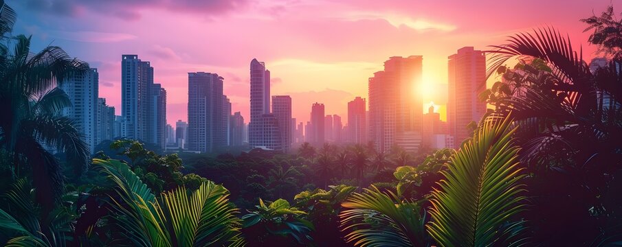 An Enlivened Cityscape Embraced by Lush Greenery and a Vibrant Sunset. Concept City in Bloom, Urban Jungle, Sunset Skylines, Nature's Embrace, Vibrant Cityscape