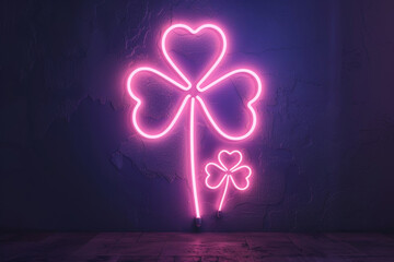 St. Patrick's Day celebration. Glowing pink neon signs of two shamrocks on club wall. Traditional Irish holiday in March