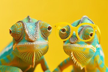 Couple of chameleons with yellow glasses on a yellow background, cute funny chameleon portrait