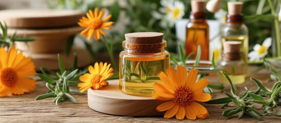 Natural beauty care products made with fresh and herbal ingredients such as essential oils, calendula flowers in a craft bottle, and facial cream in a jar.