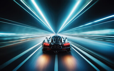 Supercar driving fast in a tunnel, motion blur