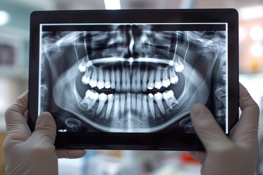 Person Holding Up a Tablet With a Picture of Teeth