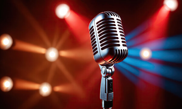 Retro microphone on night club spotlights  background