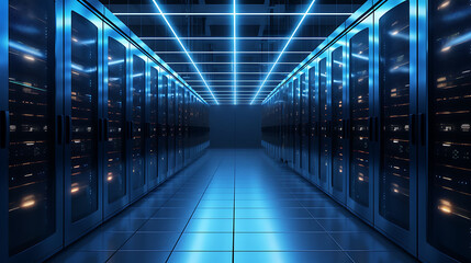 Fototapeta premium A Data Center With Multiple Rows of Fully Operational Server Racks. Modern Telecommunications, Artificial Intelligence, Generative AI