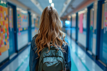 Back view of a lonely female student with a backpack walking down a school hallway, concept of loneliness and bullying. - obrazy, fototapety, plakaty