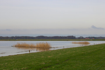 Oldenburg flooding area after heavy rainfall and risk of dike breaches