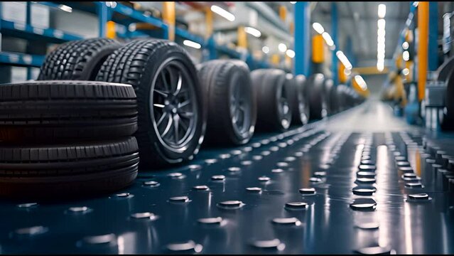 Close-up of rubber tire stacks at white modern car service center,generative ai
